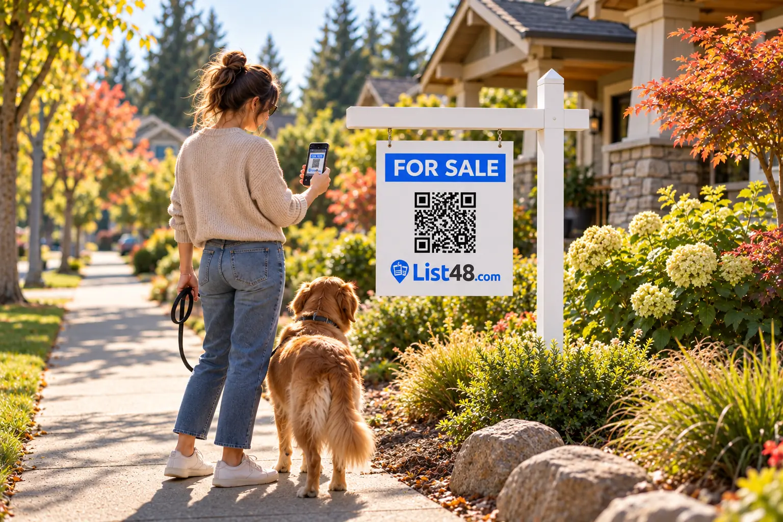 A for sale yard sign with a photo of a home, the price and a QR code, in front of the house