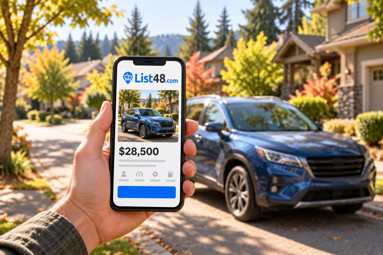 A blue SUV parked on a tree-lined street in spring