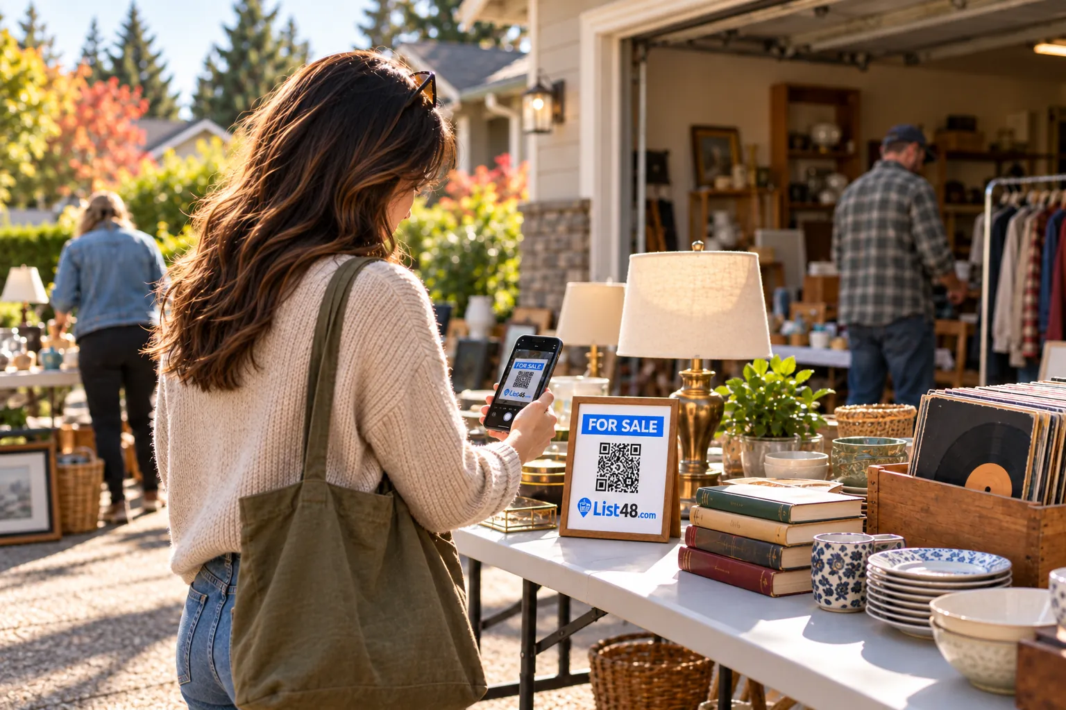 Tables of household items, records and lamps set up in front of a garage