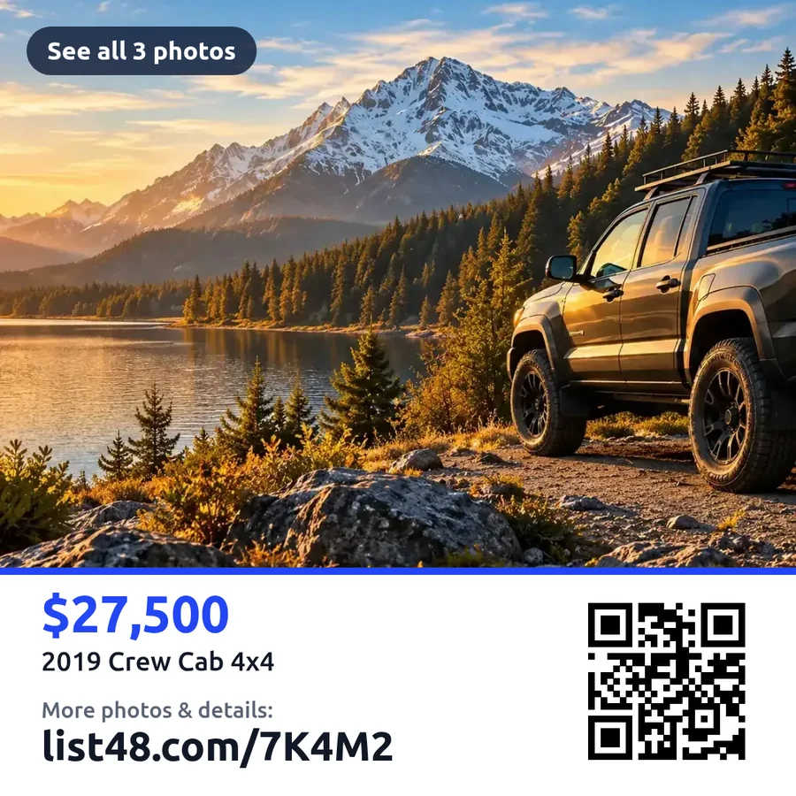 A square photo card showing a pickup truck, the price, the short address list48.com/7K4M2 and a QR code