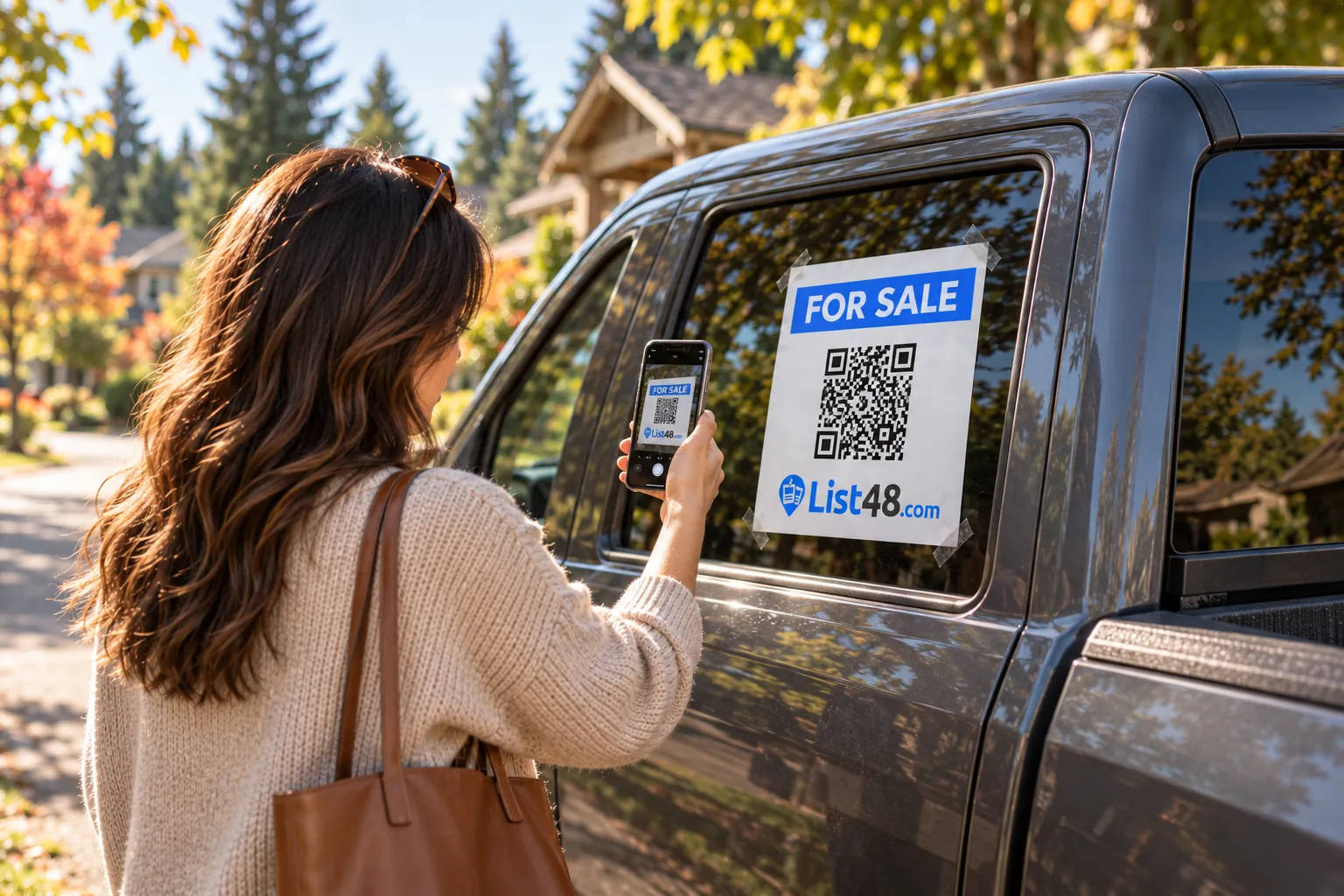 A pickup truck with a for sale window decal showing the price and a QR code