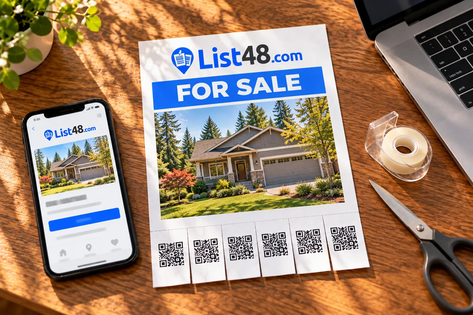 A printed for sale flyer with a QR code next to a phone showing the matching listing