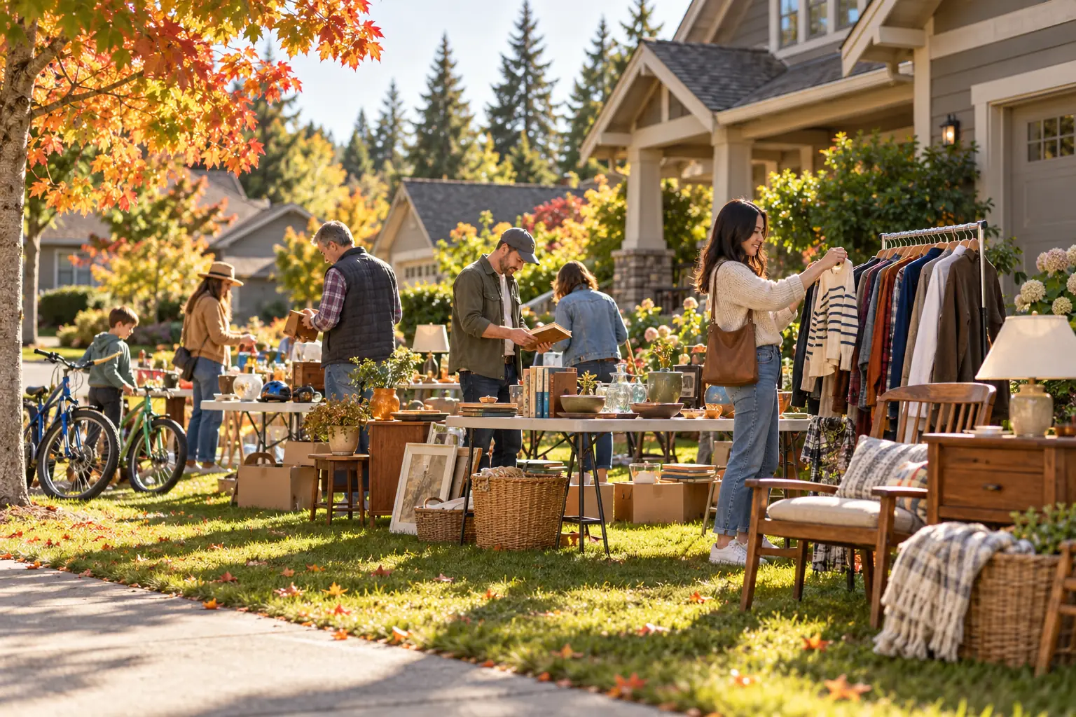 A yard sale set up in a driveway with tables, lamps, chairs and fall leaves