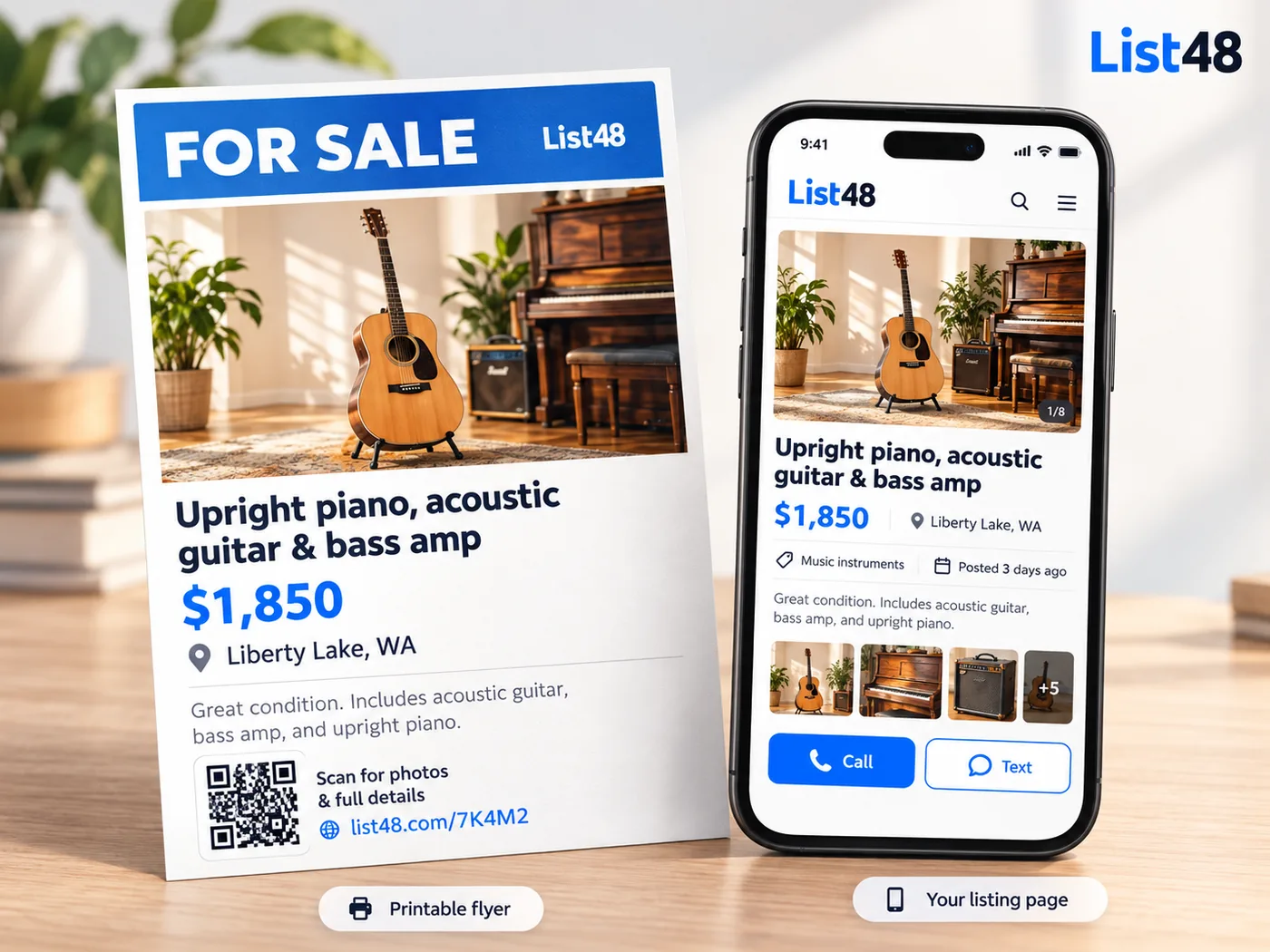 A printed List48 flyer next to a phone showing the same listing page