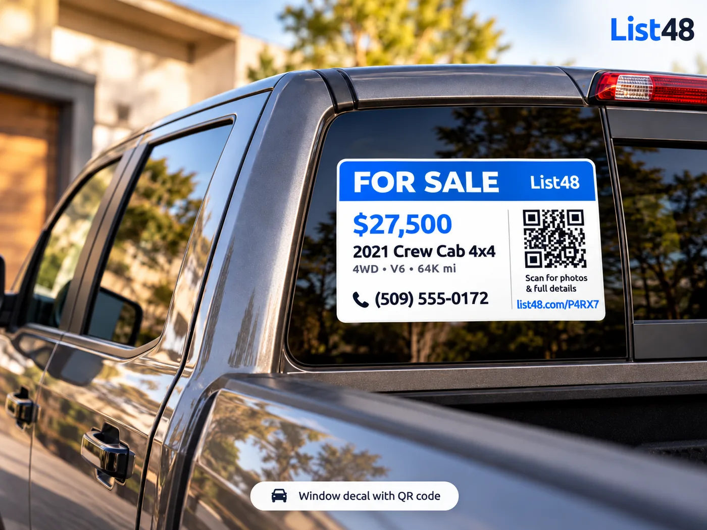 A List48 for-sale window decal with a QR code on a pickup truck