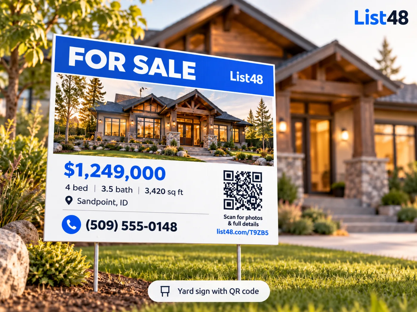 A List48 for-sale yard sign with a QR code in front of a craftsman home